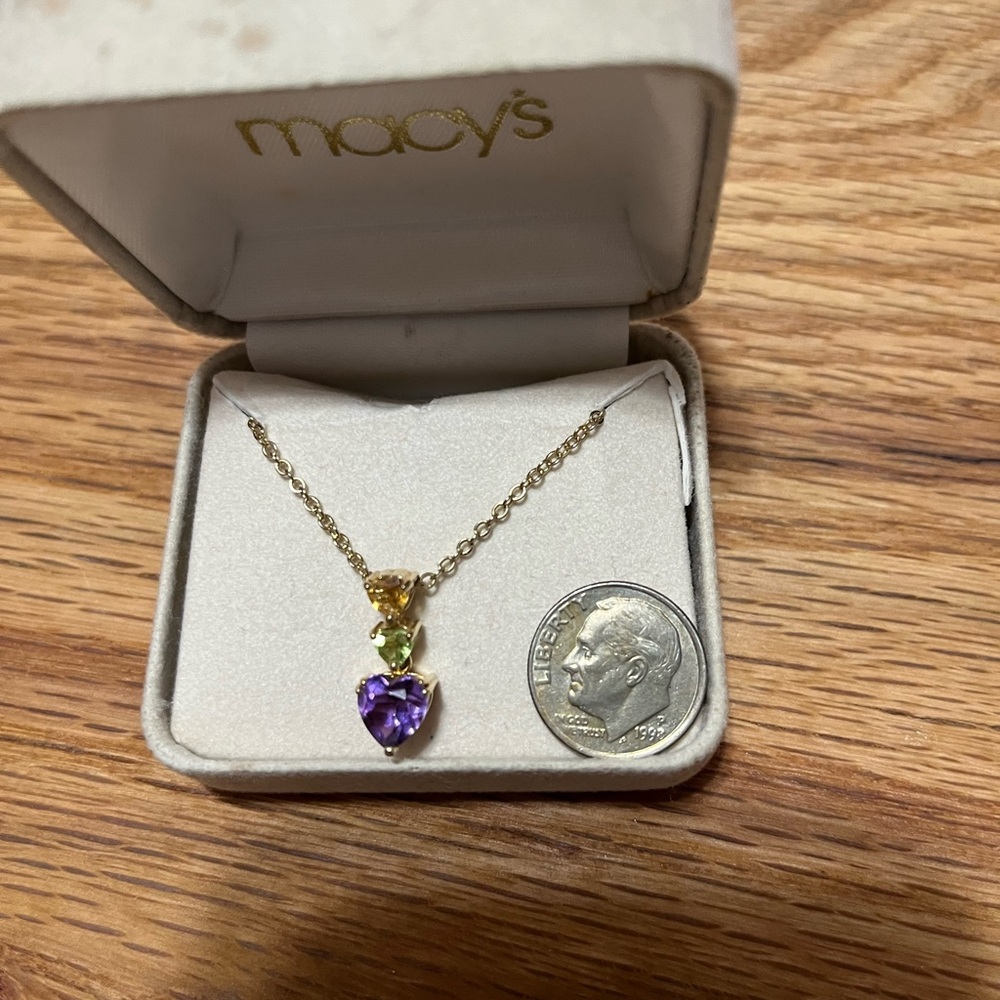 Macy's 10K Yellow Gold Heart Pendant w/Citrine, Peridot and Amethyst Gemstones - Picture 2 of 3